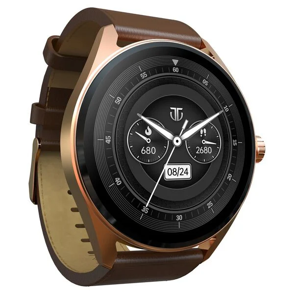 Crest with 3.63 cm AMOLED Display with AOD, Functional Crown Smartwatch with Brown Leather Strap