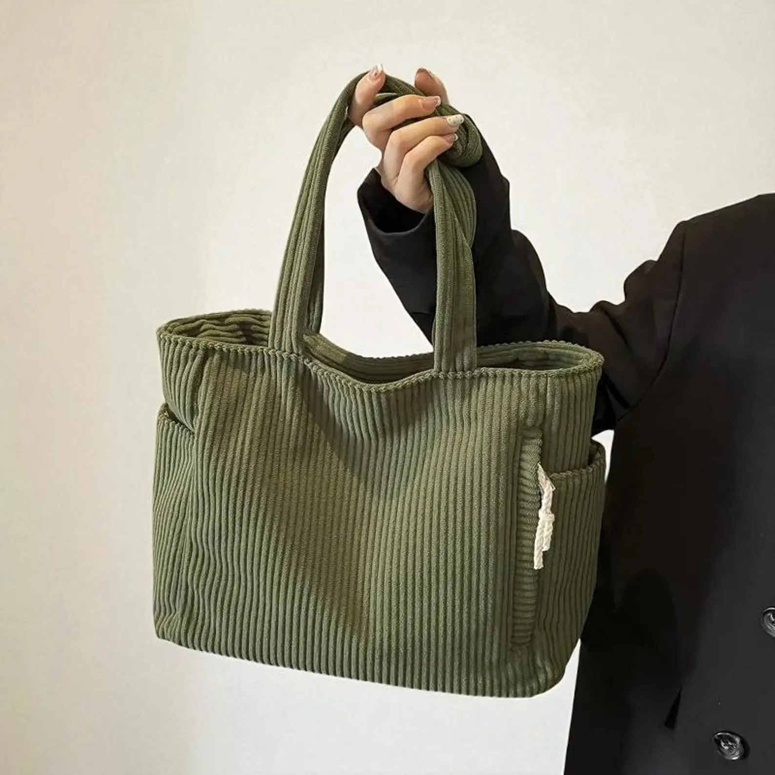 Striped Corduroy Velvet Tote Bag: Large Capacity Commuter Handbag