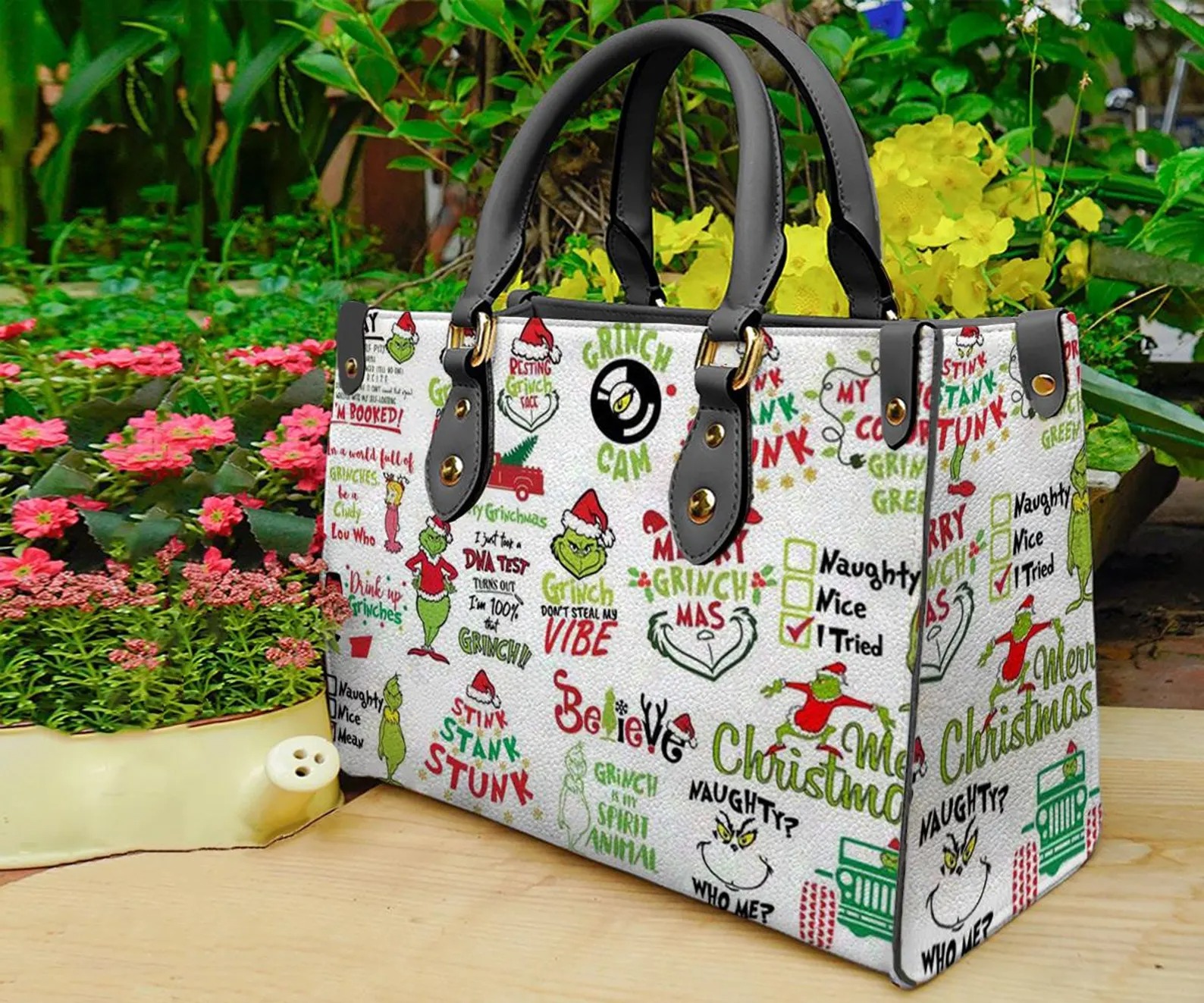 Personalized Grinch Christmas Leather Handbag, Grinch Women Bags, Grinch Lovers Handbag, Woman Handbag, Custom Leather Bag, Christmas Gifts